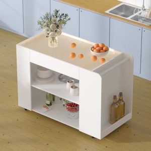 Homsee Mobile Kitchen Island Cart - 47.8" W with Textured Glass Countertop & 3-Color Lights – Rolling Table on Wheels wi