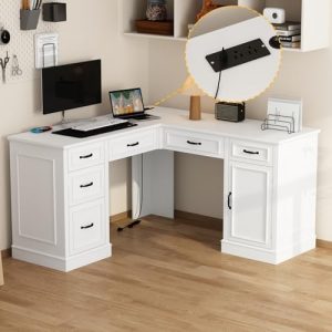 Homsee 63" L-Shaped Computer Desk for Home Office with Charging Station, Wooden Corner Writing Table with 6 Drawers & St
